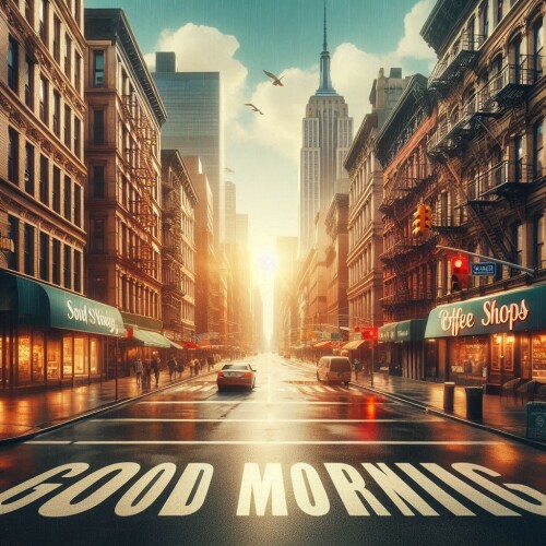 On New York Street, on the asphalt, there's a large 'Good Morning' sign. It's a rainy day, the street is empty, with coffee shops lining the sides. In the distance, the sun is rising.