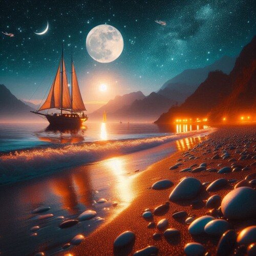 sunset on the beach, moonlight, stars, beach, and boat